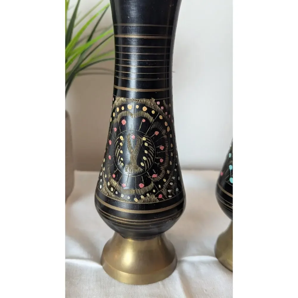 Vintage Etched Brass Vases |Black & Gold Boho Lotus Decor | Mid Century Pair